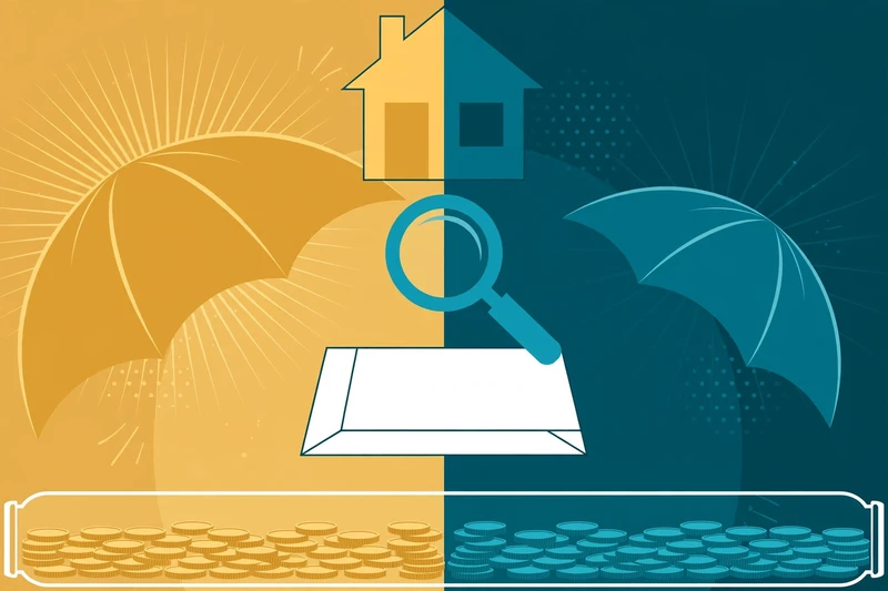 Flat fintech illustration in deep teal and gold: a split-scene comparison of a house with a magnifying glass hovering over a policy document beside it, one side glowing gold with a broad open umbrella motif, the other in teal with a narrower partial umbrella, an escrow jar of coins at the base.