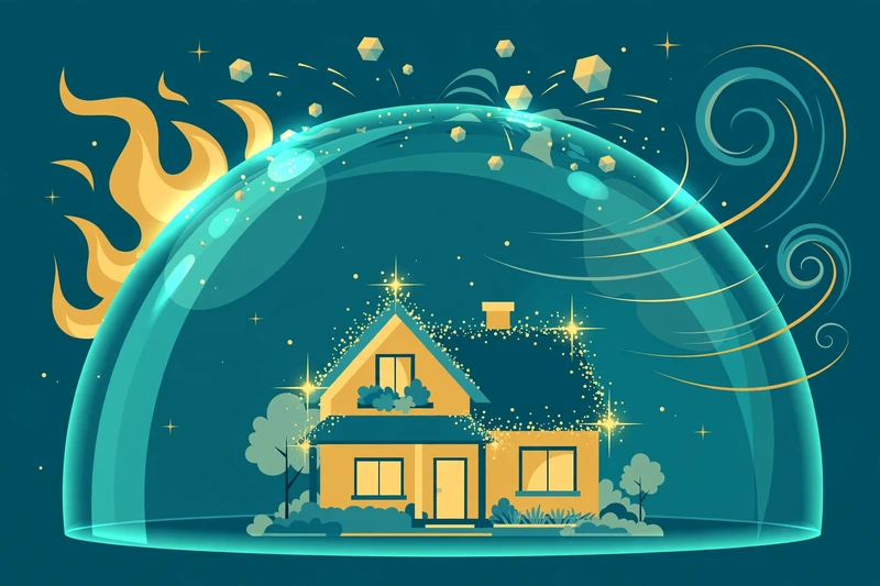 Flat fintech illustration in deep teal and gold: a cozy suburban house protected under a large translucent teal shield, with stylized fire flames, wind swirls and hailstones bouncing off the shield's surface, gold sparkles around the roofline.