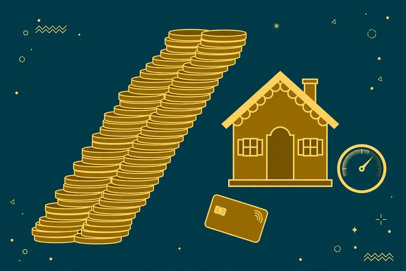 Flat fintech illustration in deep teal and gold: a staircase of gold coins rising beside a small gold house, with a small credit card and a circular gauge dial nearby, on a dark teal background.