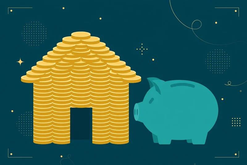 Flat fintech illustration in deep teal and gold: a small house built from stacked gold coins with a teal piggy bank beside it, on a dark teal background with subtle gold accents.