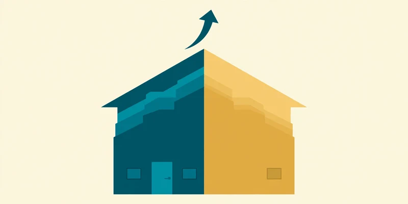 A house divided into a growing teal owned-equity portion and a shrinking gold mortgage portion.