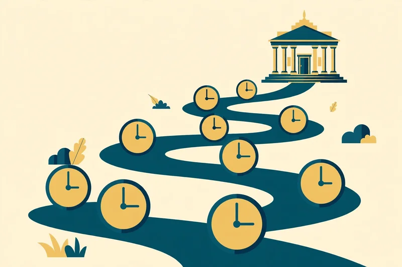 Flat illustration of a courthouse building at the end of a long winding path marked with clock faces, in deep teal and gold on pale cream
