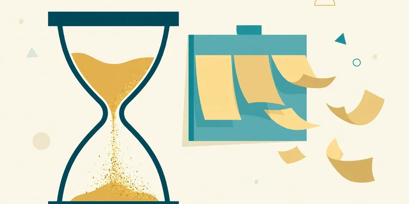 Flat illustration of a large hourglass beside a wall calendar, in deep teal and gold on pale cream, symbolizing the passage of probate time