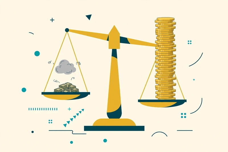 Flat fintech illustration in deep teal and gold: a golden balance scale, on one side a shrinking pile of idle cash bills under a grey inflation cloud, on the other a tall growing stack of gold coins, on a pale cream background, no text