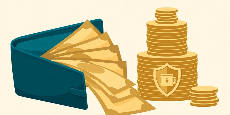 Flat fintech illustration in deep teal and gold: a teal wallet with gold cash fanning out beside a tiered stack of gold coins with a shield emblem, on a pale cream background, no text
