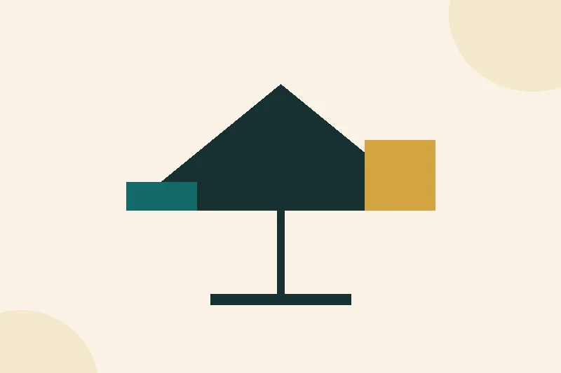 A flat illustration of a balance scale with a single fixed block on one side and rising stacked blocks on the other, in teal and muted gold on pale cream.