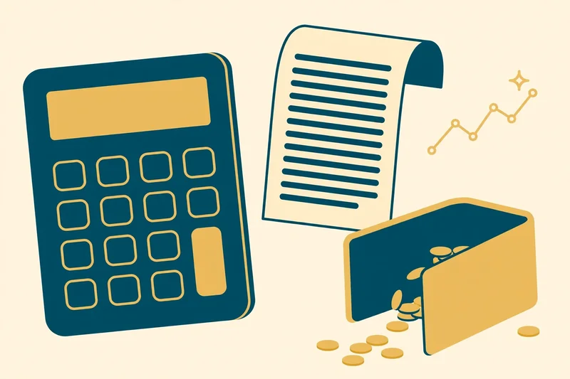 Illustration of a calculator, receipt, and wallet showing a bankruptcy cost breakdown