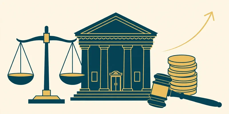 Illustration of a courthouse, scales, and coins representing bankruptcy filing costs