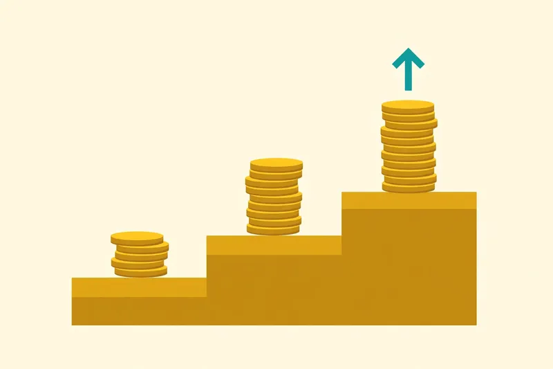 Flat fintech illustration in deep teal and gold: three ascending gold steps with growing stacks of coins on each step and a teal upward arrow above the tallest step, on a pale cream background.