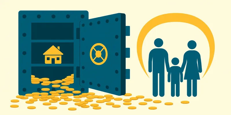 Flat fintech illustration in deep teal and gold: an open teal bank vault sheltering a golden house, gold coins spilling across the foreground, and a family silhouette standing under a golden protective arc on a pale cream background.