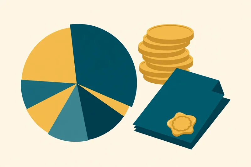 Flat illustration of a segmented pie chart beside a stack of gold coins, in deep teal and gold on pale cream, showing how probate costs are divided