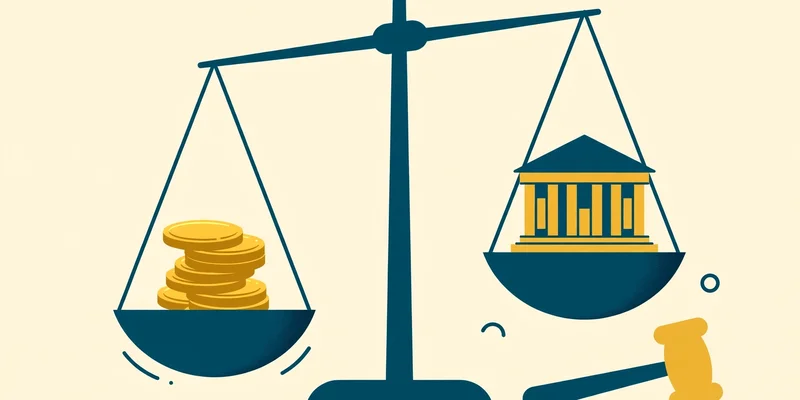 Flat illustration of a balance scale weighing gold coins against a courthouse, in deep teal and gold on pale cream, representing probate costs
