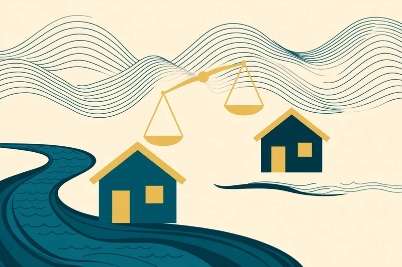 Illustration showing how distance to water gives two neighbors different flood insurance prices