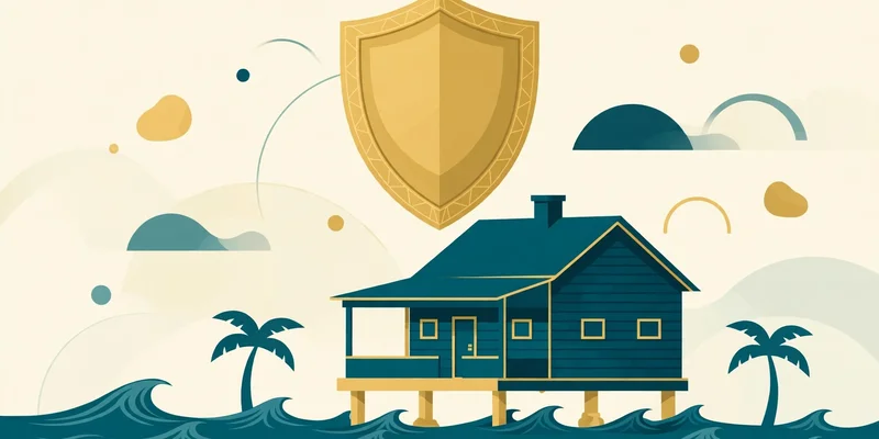 Illustration of a raised Florida home protected from rising floodwater by an insurance shield