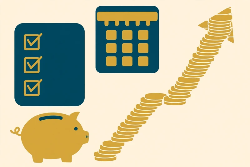 A flat illustration of a calendar, a deep-teal piggy bank, and an upward arrow formed from gold coins on a pale cream background, suggesting steady saving progress