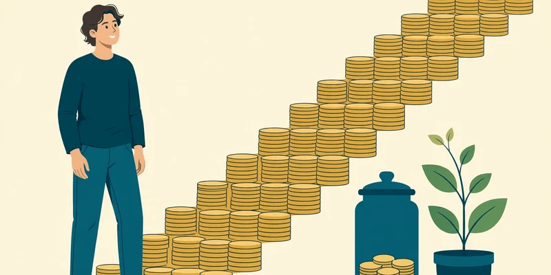 A young adult standing beside a rising staircase made of stacked gold coins, next to a tall deep-teal savings jar with a small growing plant, on a pale cream background