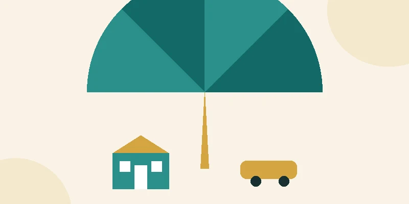 A flat illustration of a large teal umbrella sheltering a house and a car on a pale cream background, with a small gold shield beside them.