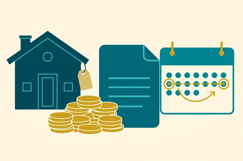 Flat fintech illustration in deep teal and gold: a teal house with a blank sold tag, a pile of gold coins, a teal tax document and a wall calendar with a gold timeline suggesting the one-year holding line, on a pale cream background, no text