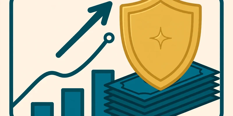 Flat fintech illustration in deep teal and gold: a rising teal investment growth chart with an upward arrow, and a large gold shield blocking a stack of teal tax bills, on a pale cream background, no text