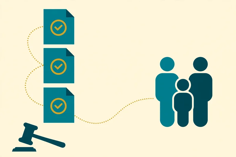 Flat fintech illustration in deep teal and gold: a chain of teal legal documents with gold checkmarks flowing directly to family heirs while a teal judge&rsquo;s gavel sits untouched off to the side, pale cream background, no text
