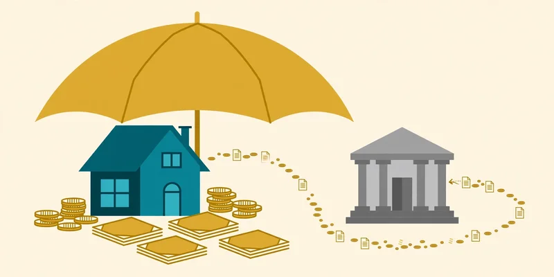 Flat fintech illustration in deep teal and gold: a large golden protective umbrella sheltering a teal house with gold coins and documents beneath it, the assets bypassing a small columned courthouse building off to the side, pale cream background, no text