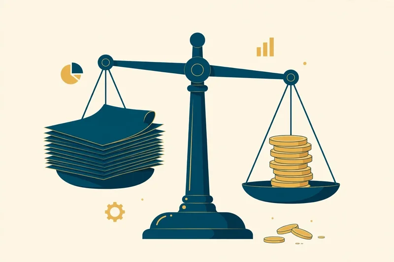 Flat fintech illustration in deep teal and gold: a balance scale weighing a bank statement against gold coins, pale cream background, no text