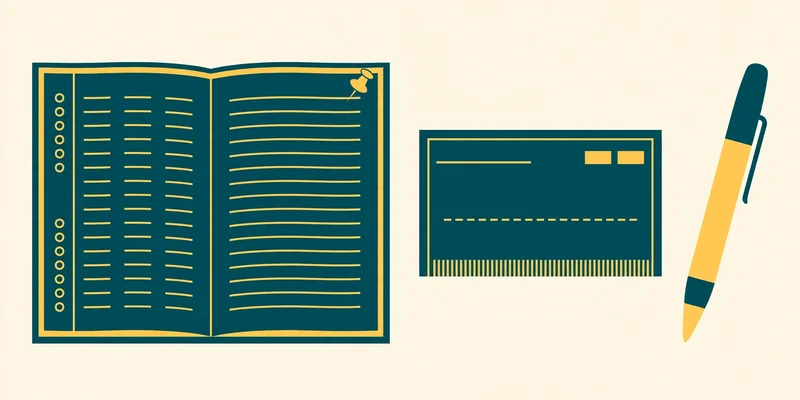 Flat fintech illustration in deep teal and gold: an open checkbook register ledger beside a paper check and a pen, pale cream background, no text