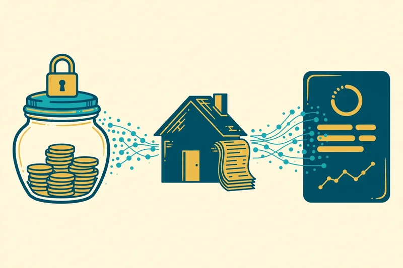 Flat fintech illustration in deep teal and gold: a savings jar with a lock next to a small house with rent receipts, both feeding small teal data streams into a credit report document, on a pale cream background, no text