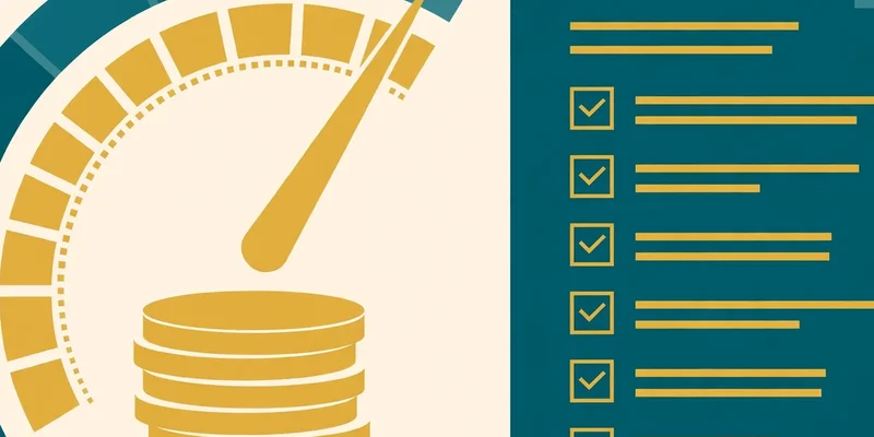 Flat fintech illustration in deep teal and gold: a rising credit-score gauge with gold coins stacking beneath it beside a teal credit report with checkmarks, on a pale cream background, no text