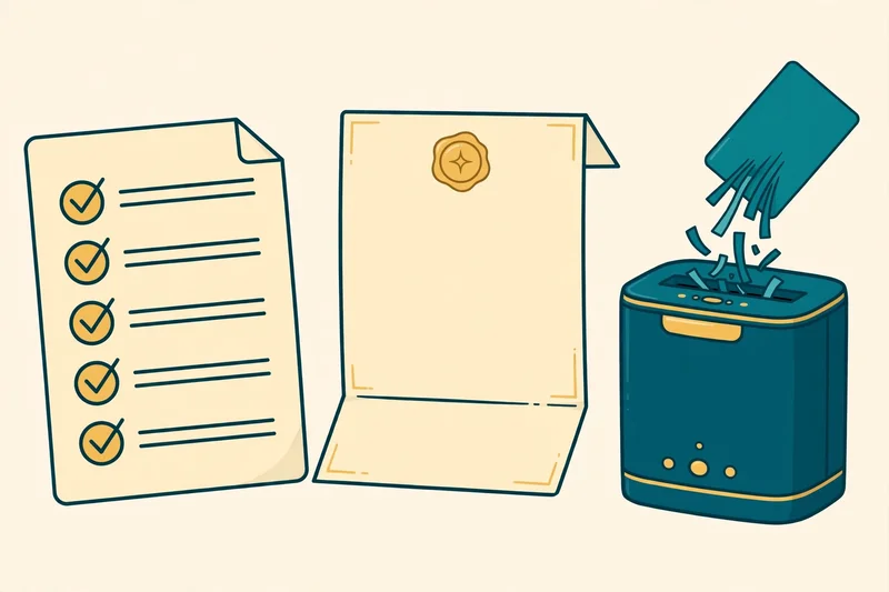 Flat fintech illustration in deep teal and gold: a paper checklist and a confirmation letter beside a paper shredder, with cut pieces of a teal credit card falling into it, on a pale cream background, no text