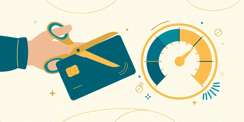 Flat fintech illustration in deep teal and gold: a hand cutting a teal credit card with scissors beside a round credit score gauge, on a pale cream background, no text