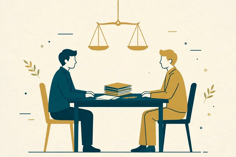Text-free illustration in deep teal and gold on pale cream: two sides seated at a mediation table with documents between them, a balanced scale above the table