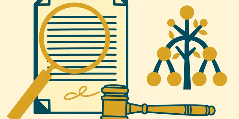 Text-free illustration in deep teal and gold on pale cream: a signed will document examined under a large magnifying glass, with a judge's gavel and a small family tree beside it