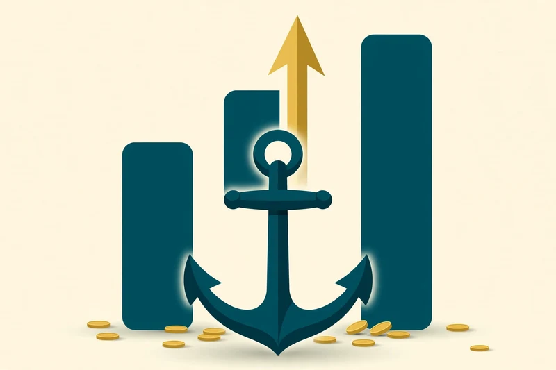 Flat fintech illustration in deep teal and gold: a large teal ship's anchor in the center with rising deep teal bar charts and a bold gold arrow climbing above them, gold coins at the base, on a pale cream background, no text.