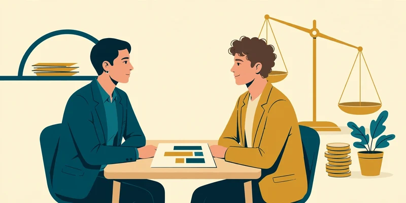 Flat fintech illustration in deep teal and gold: two figures in an interview across a table with a document of abstract bars between them, a gold balance scale tipping toward the candidate and a stack of gold coins, on a pale cream background, no text.