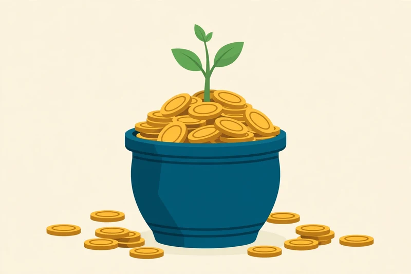 Flat fintech illustration of a growing gold coin plant in a teal pot representing tax-free 529 savings growth.