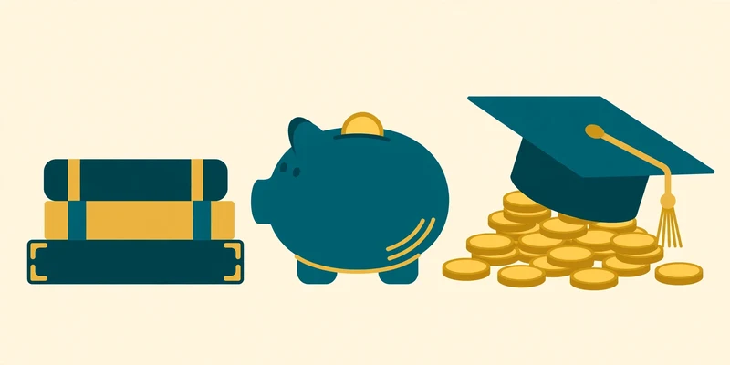 Flat fintech illustration of a graduation cap resting on gold coins beside a piggy bank and stacked books in deep teal and gold.