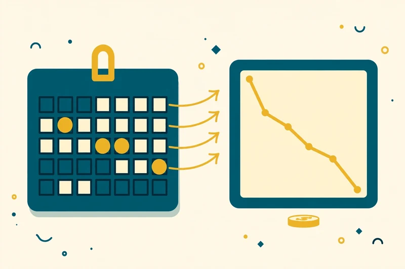 Flat fintech illustration in deep teal and gold: a wall calendar with highlighted biweekly payment dates and arrows flowing into a declining balance chart, on a pale cream background