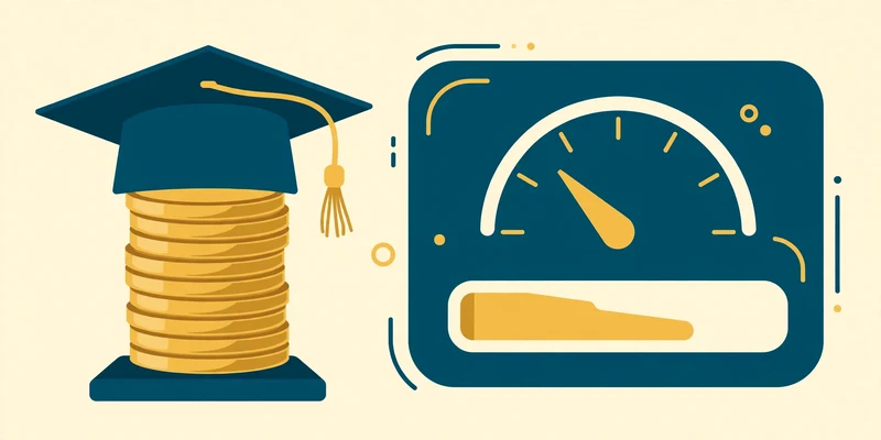Flat fintech illustration in deep teal and gold: a graduation cap resting above a tall stack of coins with a large gold gauge showing a loan balance bar shrinking as extra payments flow in, on a pale cream background