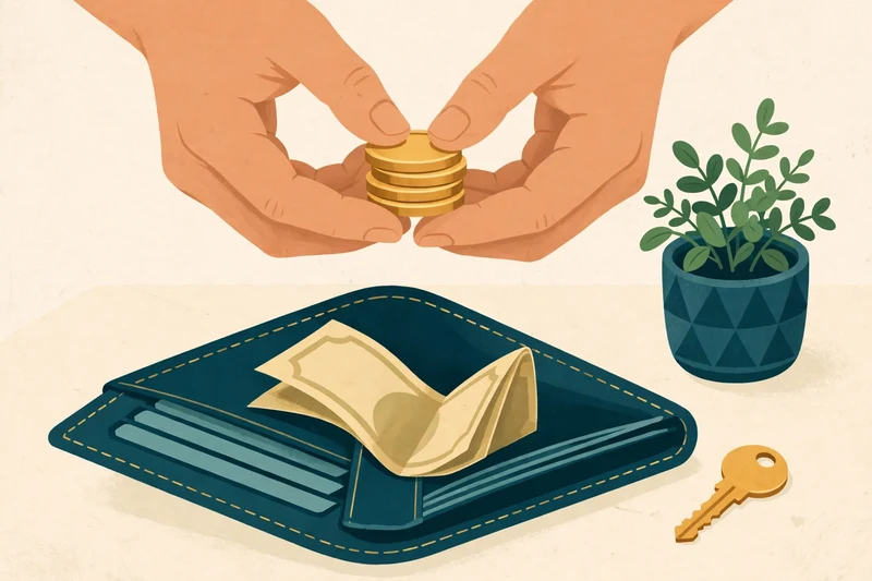 Close-up of hands holding a small stack of gold coins above an open wallet, with a paper bill, a key, and a small houseplant on a table, in deep teal and gold on a pale cream background
