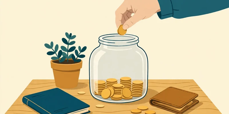 A person placing gold coins into a large glass savings jar on a table beside a notebook, a wallet, and a small potted plant, in deep teal and gold on a pale cream background