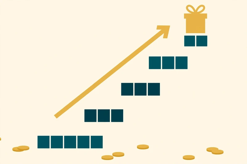 Flat fintech illustration in deep teal and gold: a staircase of teal weekly savings squares filling toward a gold gift box, with a rising gold arrow and scattered gold coins, on a pale cream background, no text.