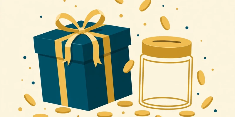 Flat fintech illustration in deep teal and gold: a large deep teal gift box tied with a gold ribbon bow beside a gold savings jar, with falling gold coins and confetti dots, on a pale cream background, no text.