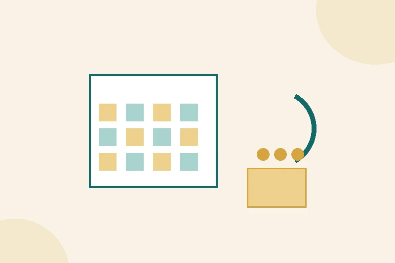 A flat illustration of a calendar with a teal arrow looping back each month and gold coins dropping into a jar on a pale cream background.