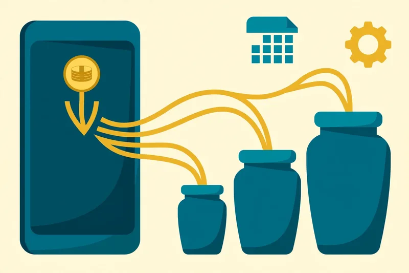 Flat fintech illustration in deep teal and gold: a teal smartphone splitting a gold paycheck into three streams that flow into labeled savings jars, with a small calendar and gear suggesting automation, on a pale cream background, no text