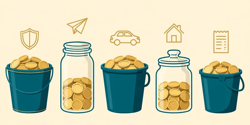 Flat fintech illustration in deep teal and gold: five teal savings buckets and glass jars filled with gold coins, each marked by a floating icon for a goal — a shield, an airplane, a car, a house, and a receipt — on a pale cream background, no text