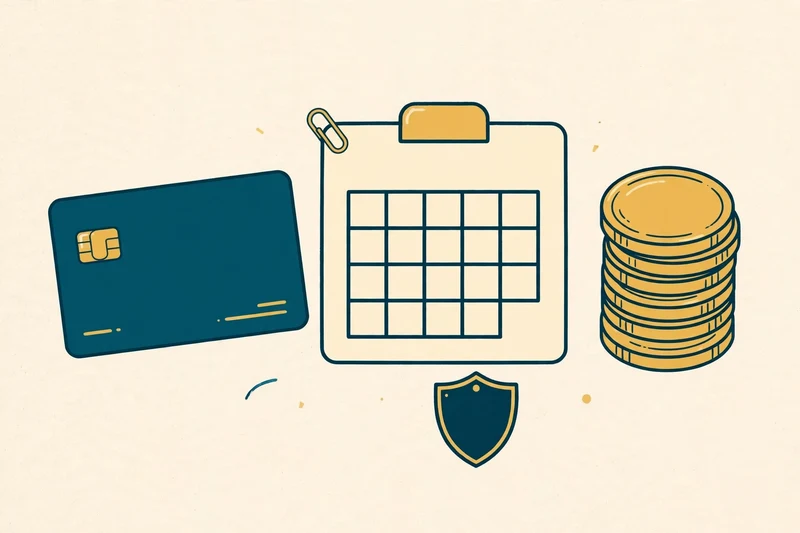 Flat fintech illustration in deep teal and gold: a teal credit card beside a monthly calendar page with a paperclip, a tall stack of gold coins, and a small teal shield with a gold outline, on a pale cream background, no text