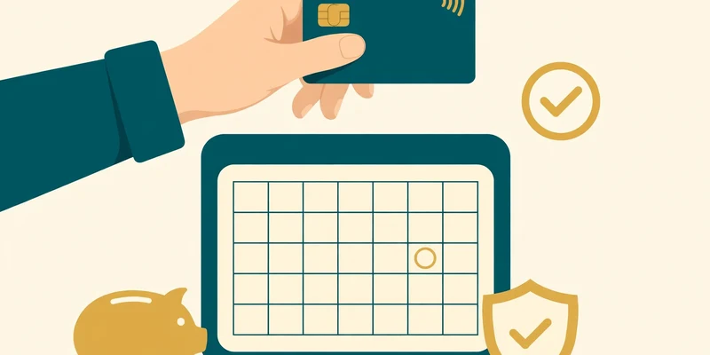 Flat fintech illustration in deep teal and gold: a hand holding a teal credit card above a monthly calendar, with a gold piggy bank, a gold checkmark in a circle, and a gold shield, on a pale cream background, no text