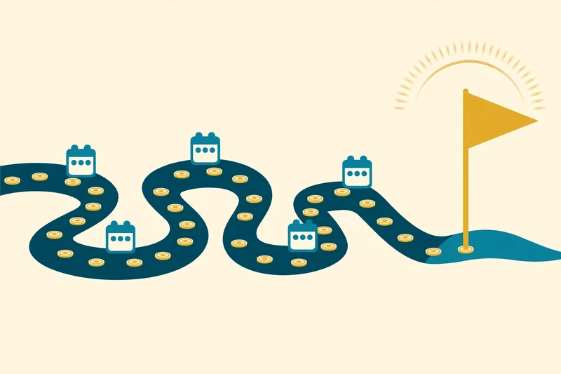 Flat fintech illustration in deep teal and gold: a winding deep teal path paved with small gold coins and teal calendar milestone markers, leading to a tall gold flag at the far end under a glowing gold sun arc, on a pale cream background