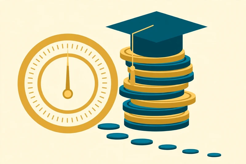 Flat fintech illustration in deep teal and gold: a deep teal graduation cap resting on a tall stack of gold and teal coins beside a large gold payment gauge, with small teal coins trailing off, on a pale cream background